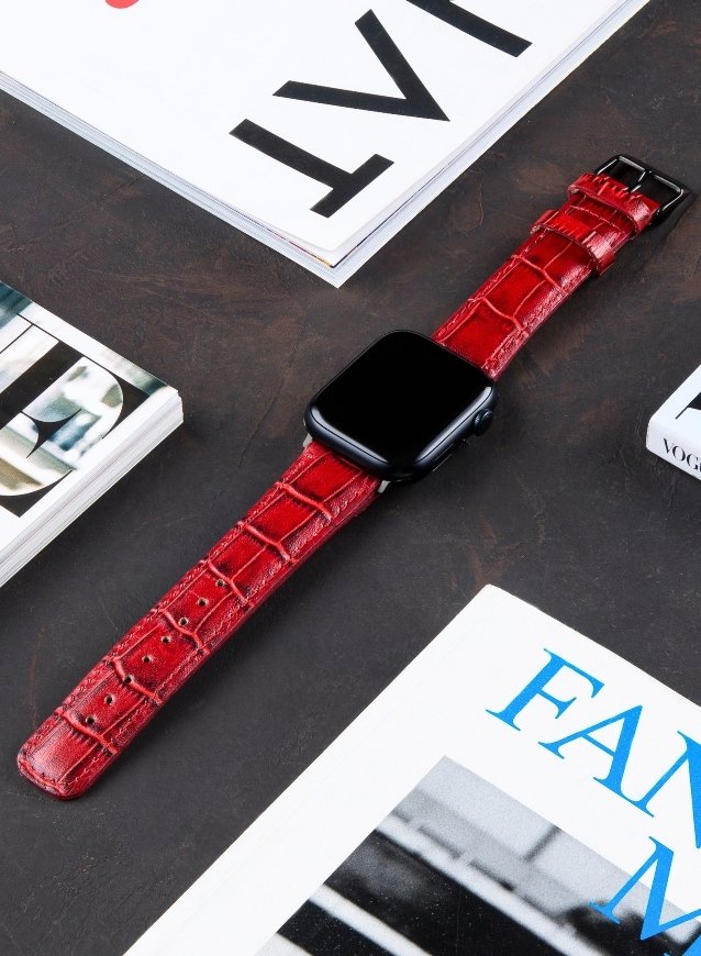 Croco Genuine Leather Apple Watch Strap - Red - VAGAVE